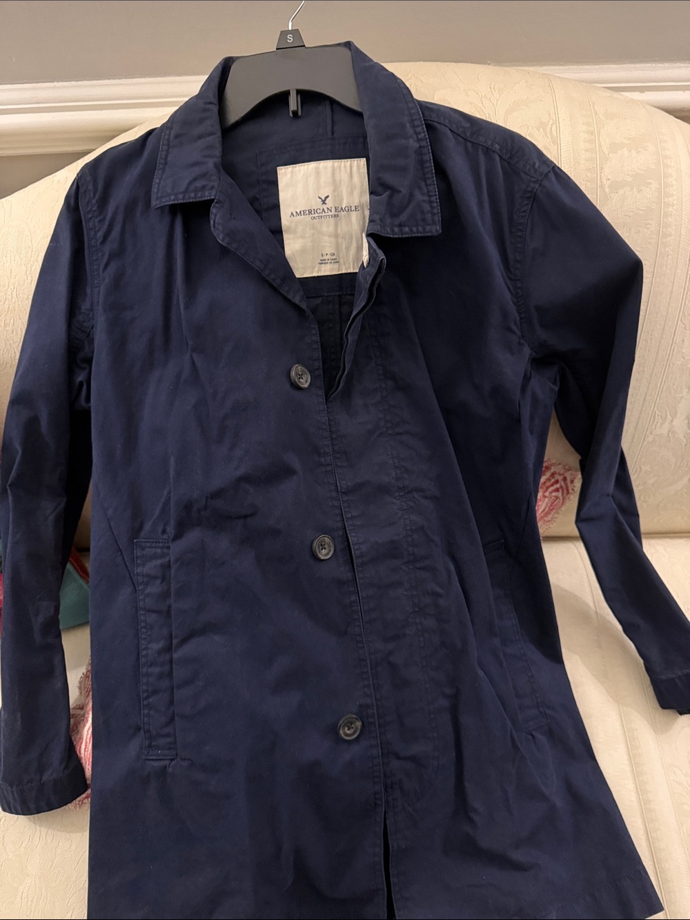 American Eagle Outfitters Navy Button-Front Trench Coat